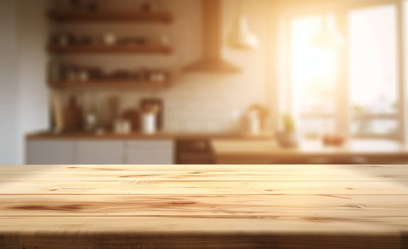 AI generated Empty beautiful wood table top counter and blur bokeh modern kitchen interior background in clean and bright,Banner, Ready for product montage photo
