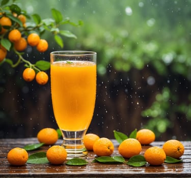 AI generated Fresh tangerine juice in a glass and fresh fruits on wooden background photo