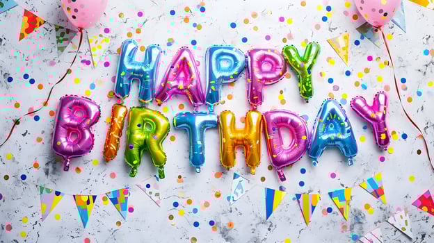 AI generated Foil Happy Birthday balloon text with confetti. Celebration card. High-resolution. AI Generative photo