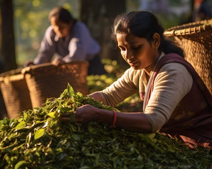 AI generated Sri Lankan woman working at tea plantation. photo