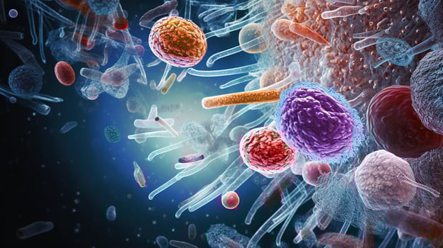 AI generated Microscopic view of virus. 3d illustration. Probiotics, postbiotics for gastrointestinal health. Colorful medical background for pharmaceutical industry and microbiology. photo