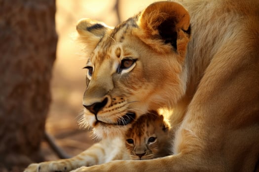 AI generated Mother love between lovely a lion and a cub created. generative ai photo