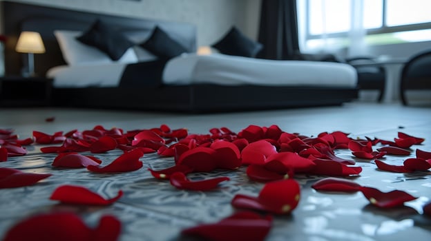 AI generated Luxurious Modern Bedroom Adorned with Vibrant Red Petals photo