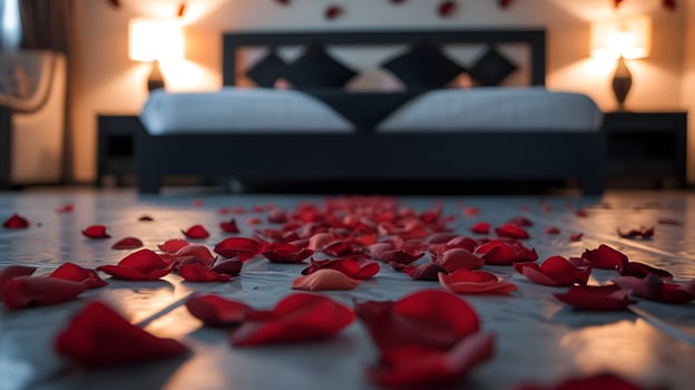 AI generated Warm Evening Ambience with Rose Petals Pathway photo