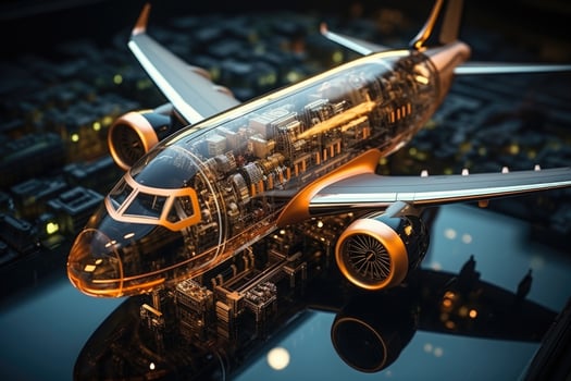 AI generated A large passenger airplane on an airport runway. Model airplane made of glass photo