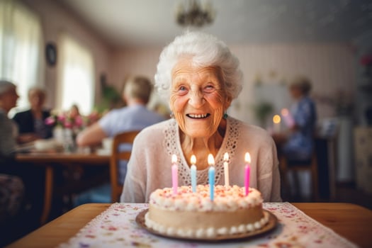 AI generated an elderly woman blows out the candles on a birthday cake at her home photo