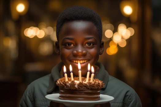 AI generated An African boy blows out candles on a birthday cake in his home photo
