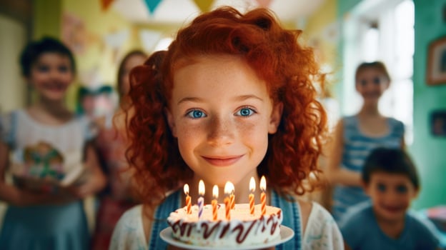 AI generated a redheaded young girl will blow out the candles on the birthday cake photo
