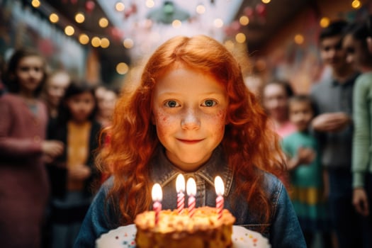 AI generated a redheaded young girl will blow out the candles on the birthday cake photo