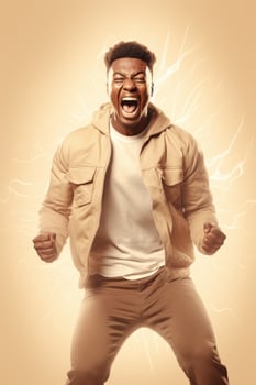 AI generated An emotional young African American man in casual clothes on a yellow background celebrating success photo