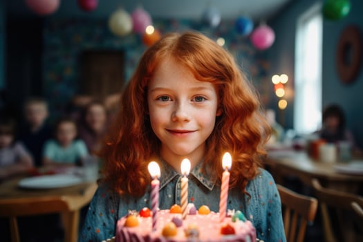 AI generated a redheaded young girl will blow out the candles on the birthday cake photo