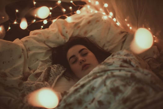 AI generated Young beautiful woman sleeping in bed with garlands and lights on background photo