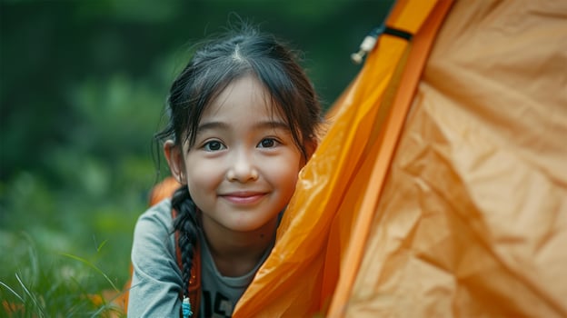 AI generated hild sitting near tent in forest  in front of camping tent photo