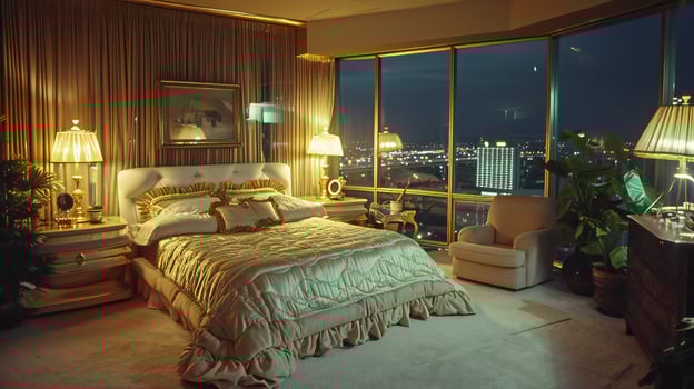 AI generated Luxurious Golden Decor in a City View Bedroom photo