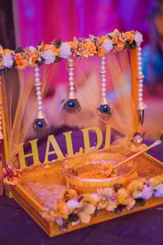 Haldi Decoration Wedding Hall Decorations of Sofa And Flowers photo