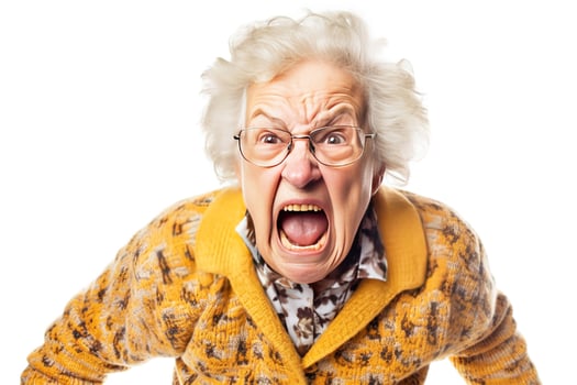 AI generated Portrait of angry senior woman pointing at camera. Isolated on white background, AI generated photo