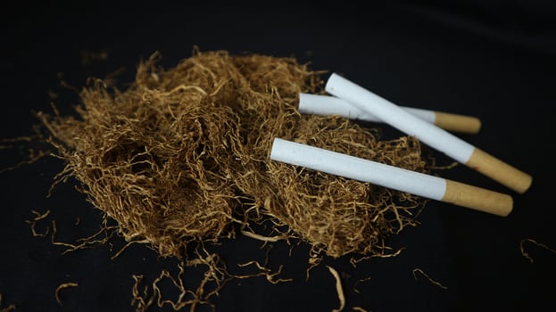 dry cut tobacco leaf, cigarettes and cigarette machine on black background. handmade cigarettes photo