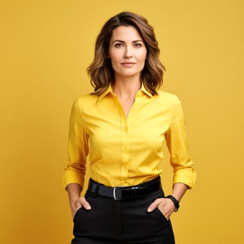 AI generated Portrait of beautiful business woman in yellow shirt over yellow background. photo