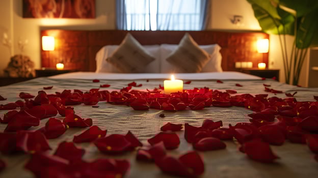 AI generated Elegant Bedroom Setup with Red Roses and Candles photo