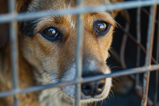 AI generated close up Sad large dogs caught in cage. Generative AI photo
