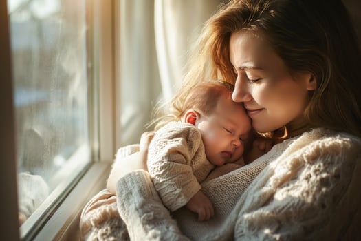 AI generated Woman and child embracing one another, Mum is comforting a baby, Beautiful conceptual image of child care, generative AI photo