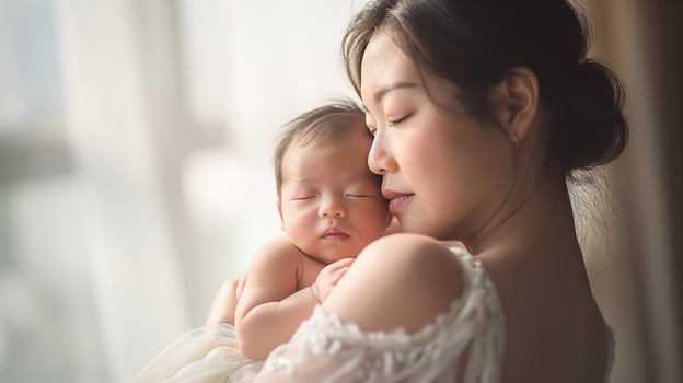 AI generated Child care with mother and her baby, Mother embracing her newborn, Health care and happy family concept, generative AI photo