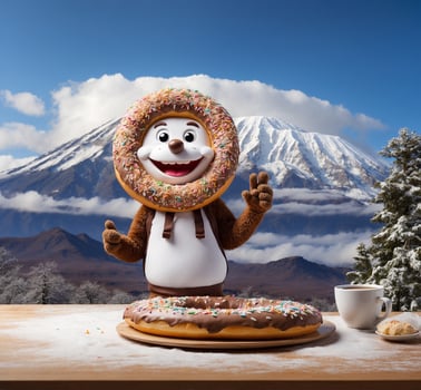 AI generated Cute snowman with donut, cup of coffee and volcano on background photo