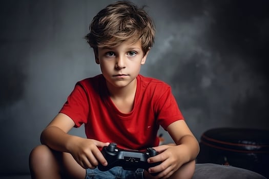 AI generated portrait of happy boy holding gamepad on grey background. photo