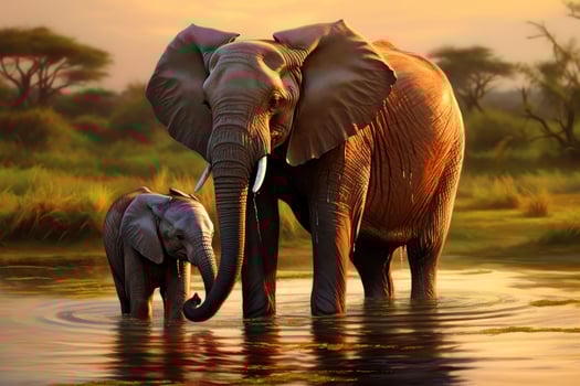 AI generated Closeup portrait elephant and child elephant on blue sky background looking down photo
