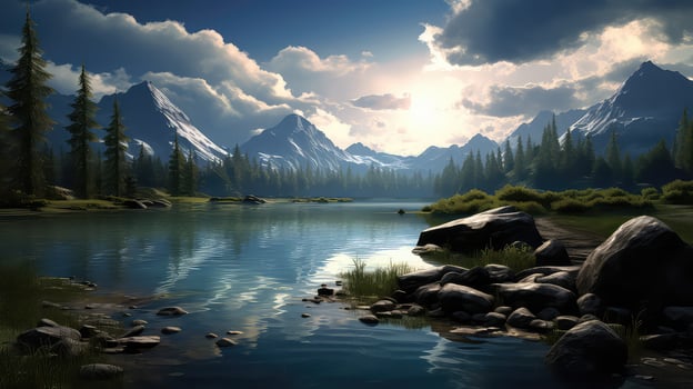 AI generated Fantasy landscape with river and forest at sunset photo