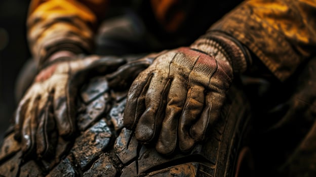 AI generated Close-Up of Dirty Work Gloves on a Rugged Tire. photo