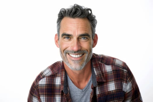 AI generated A bright and engaging studio portrait of a 55 age white American male model, showcasing a joyful smile with perfect teeth, casual yet stylish attire photo