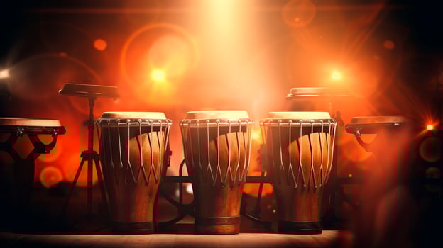 AI generated Conga drums in spotlight on dark stage creating inviting atmosphere for musical event advertising and cultural presentation. Traditional percussion musical instrument of Afro-Cuban. photo