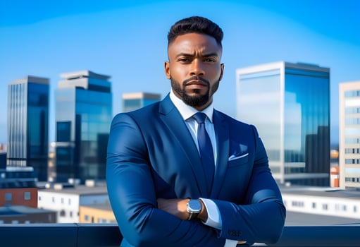 AI generated Confident black business man in a stylish suit standing photo