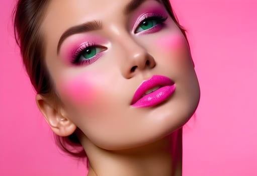 AI generated fashion portrait with pink and green. a beautiful glamor model photo