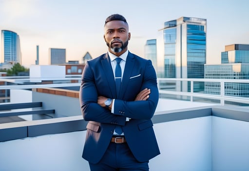 AI generated Confident black business man in a stylish suit standing photo