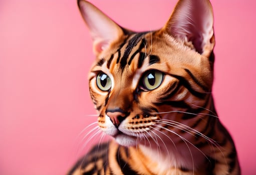 AI generated Portrait of a Bengal cat on a pink background. Copy space. photo