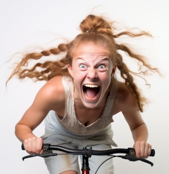 AI generated A young girl cycling a bicycle on white background, urban transportation image photo