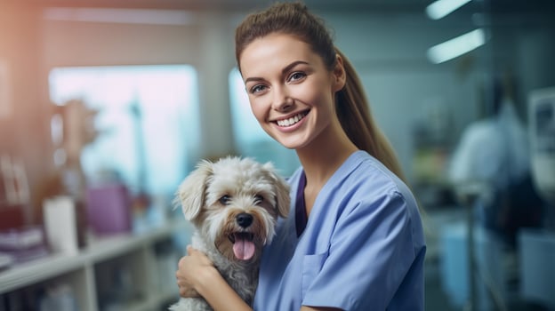AI generated Young vet girl shares joyful moment with playful dog in clinic symbolizes importance of pet checkups photo