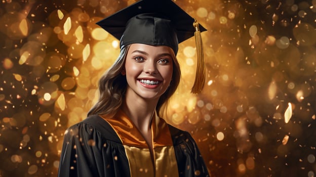 AI generated Happy young woman wearing graduation cap and gown, smiling young girl beams with happiness photo