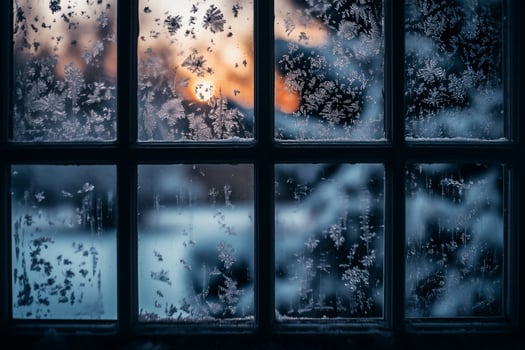 AI generated Snow on the window at sunset. Beautiful winter landscape with snow covered trees. photo