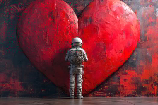 AI Generated A man in an astronaut costume stands near the wall and draws a huge heart, minimalism style and soft focus photo