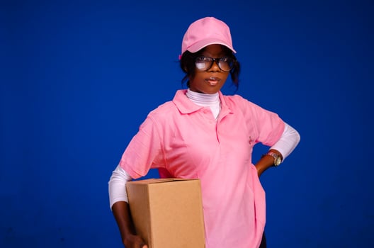 beautiful african delivery woman holding a package photo
