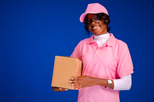 beautiful african delivery woman holding a package photo