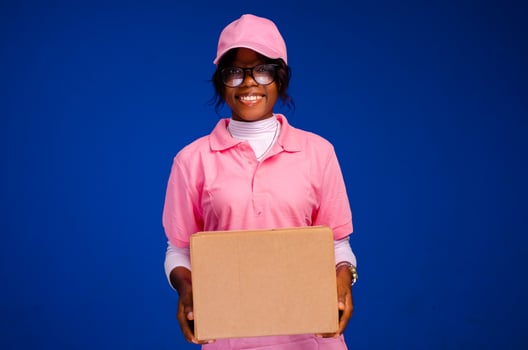 beautiful african female courier worker holding a box photo