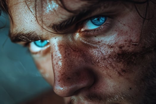 AI generated Close-up of a smeared serious male face with blue eyes on a dark background photo