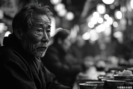 AI generated Portrait of an Asian elderly man on a city street in the evening photo