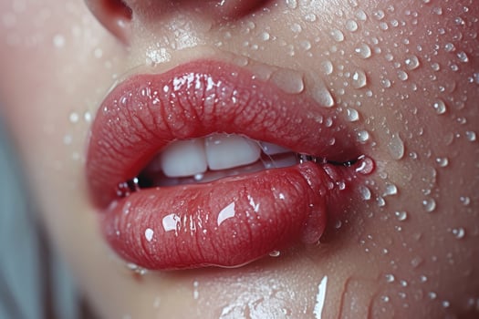 AI generated Sexy female lips in the rain close-up. Beautiful perfect makeup. macro photo