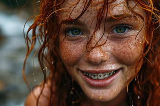 AI generated Portrait of a young red-haired woman with braces on her teeth on a street background. Long curly red hair photo