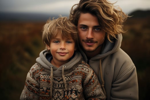 AI generated brothers wearing a sweater looking at the camera. generative ai photo
